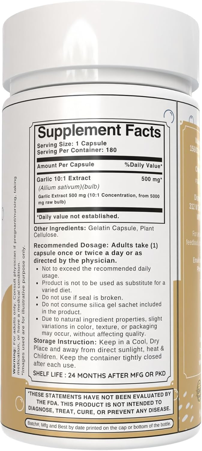 500mg Bloofah Garlic Capsules | Concentrated 10:1 Extract Supplement | Non-GMO, Gluten-Free | Easy-to-Swallow Pills | 180 Count Pack