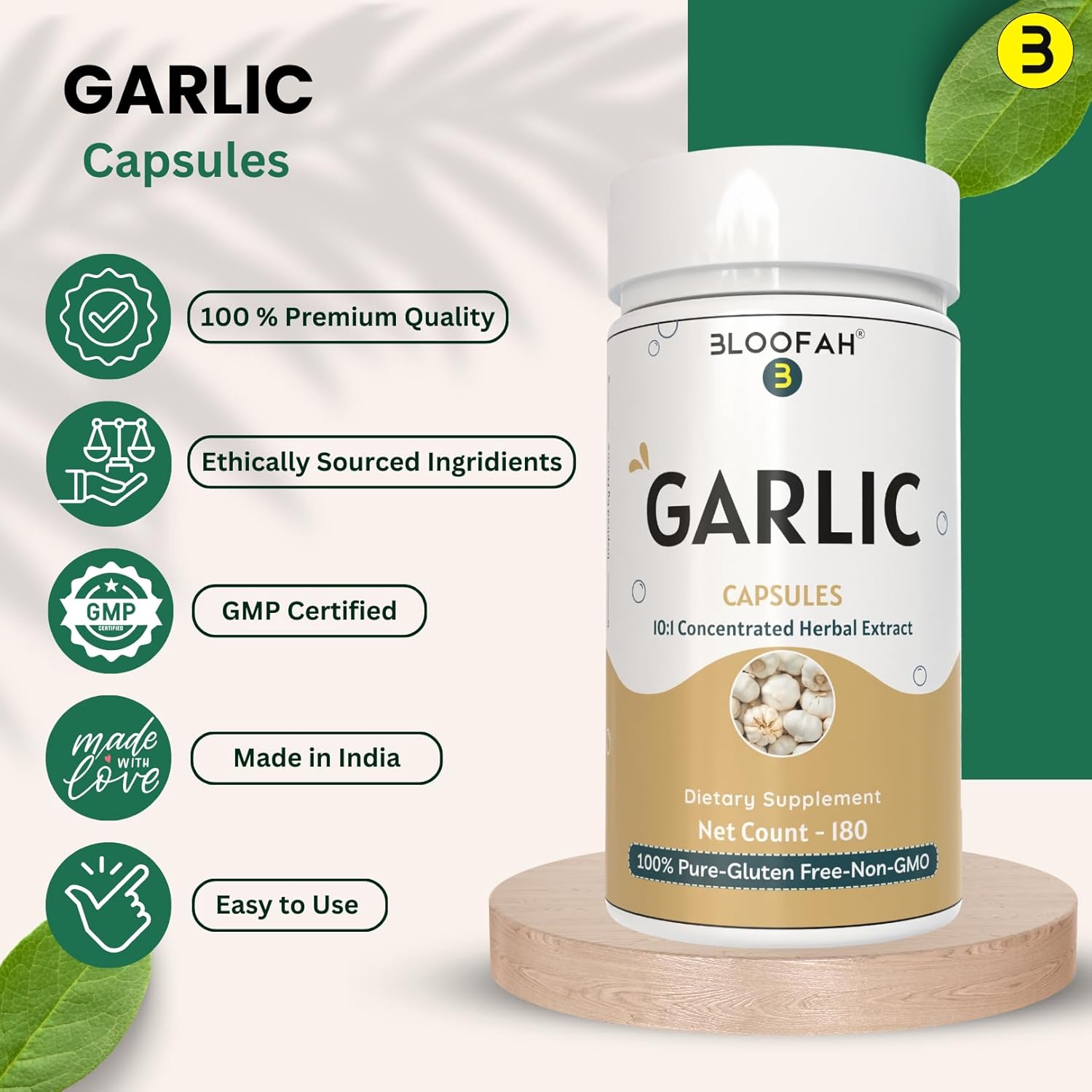 500mg Bloofah Garlic Capsules | Concentrated 10:1 Extract Supplement | Non-GMO, Gluten-Free | Easy-to-Swallow Pills | 180 Count Pack