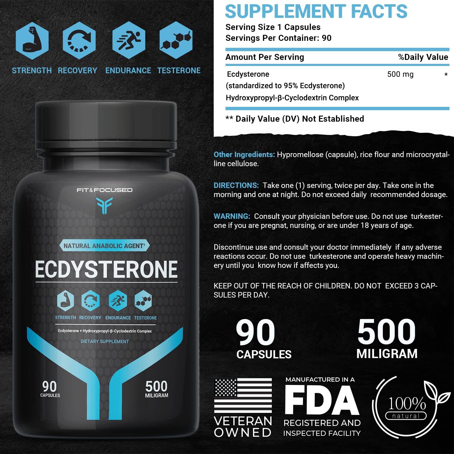 500mg Ecdysterone Supplement for Lean Muscle Growth & Strength, 90 Capsules, Natural Anabolic Agent with Hydroxypropyl βeta Cyclodextrin, 95% Pure & 3rd Party Tested