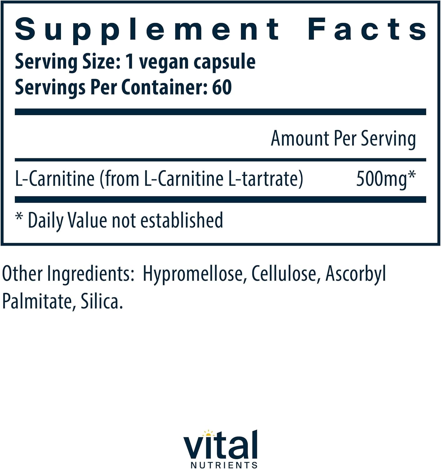 500mg L-Carnitine Supplement for Heart Health & Energy Support - Vegan, Non-GMO, 60 Capsules