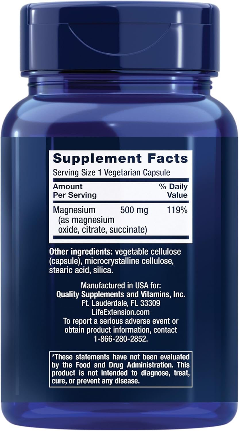 500mg Life Extension Magnesium Capsules for Heart Health, Bone Strength, and Metabolism Support - 100 Vegetarian Capsules