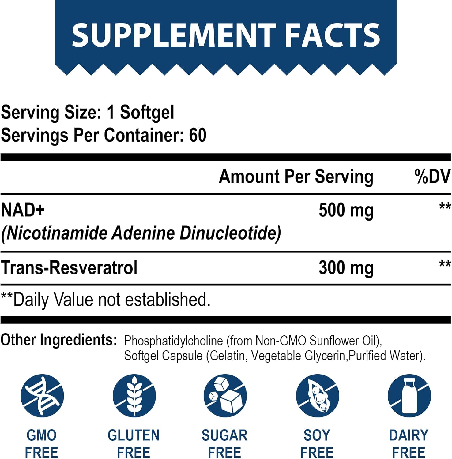 500mg Liposomal NAD+ with 300mg Trans-Resveratrol for Cellular Energy & DNA Repair - 120 Softgels