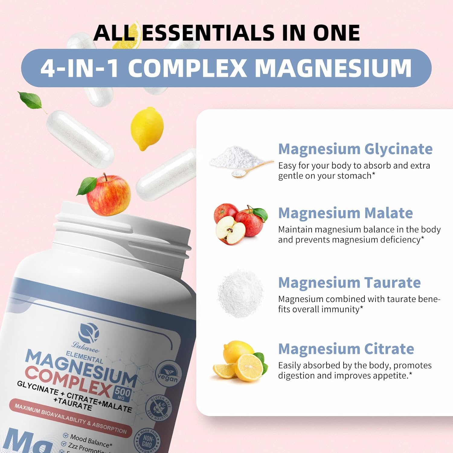 500mg Lukaree Magnesium Complex Supplement - Chelated Magnesium Glycinate, Malate, Taurate, Citrate & Herbal Extracts - 90 Vegan Capsules for Wellness