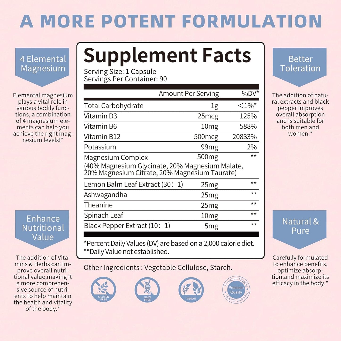 500mg Lukaree Magnesium Complex Supplement - Chelated Magnesium Glycinate, Malate, Taurate, Citrate & Herbal Extracts - 90 Vegan Capsules for Wellness