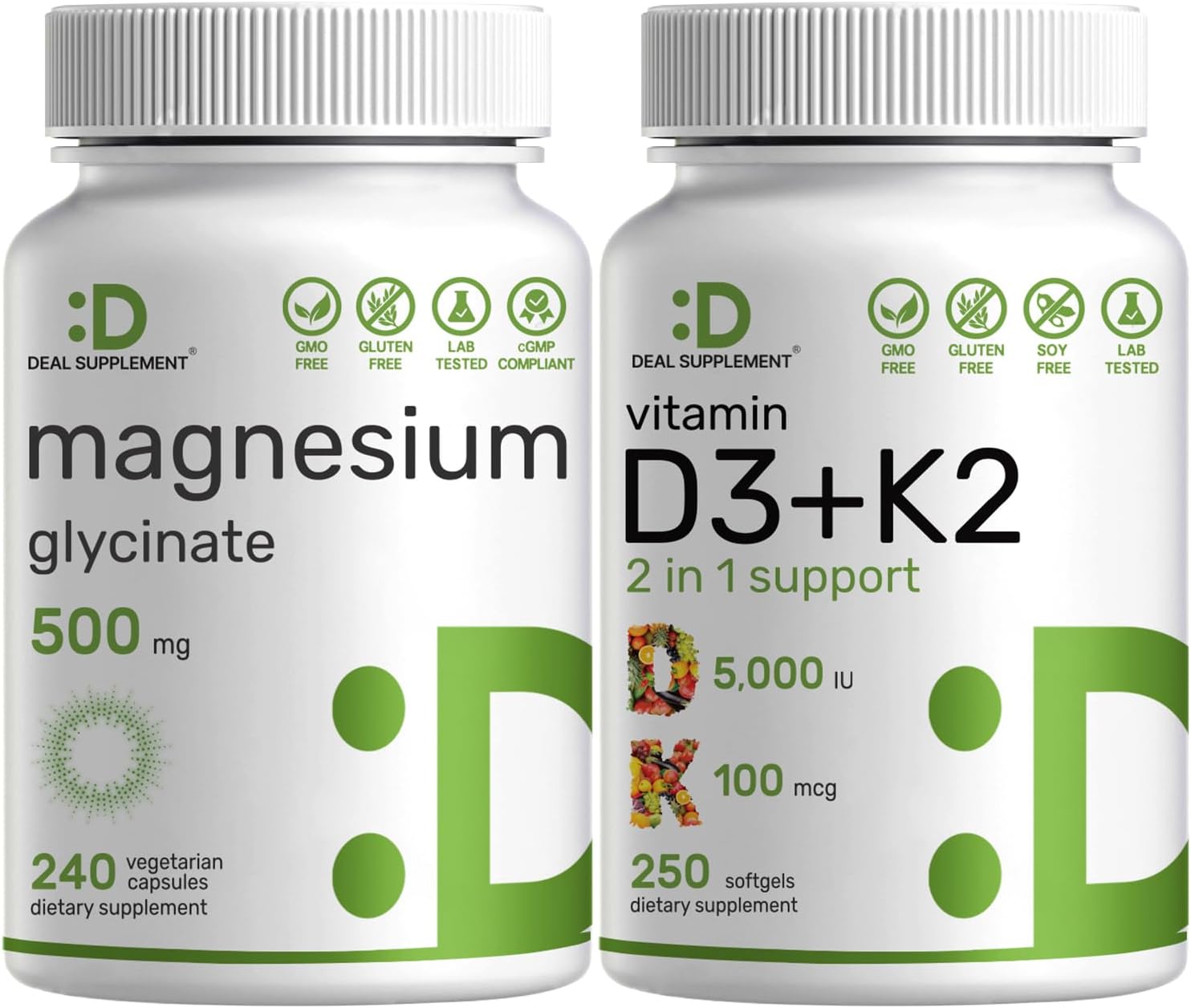 500mg Magnesium Glycinate Capsules with Vitamin D3 and K2 Bundle - Chelated Mineral for Easy Absorption - Essential Sunshine Vitamins