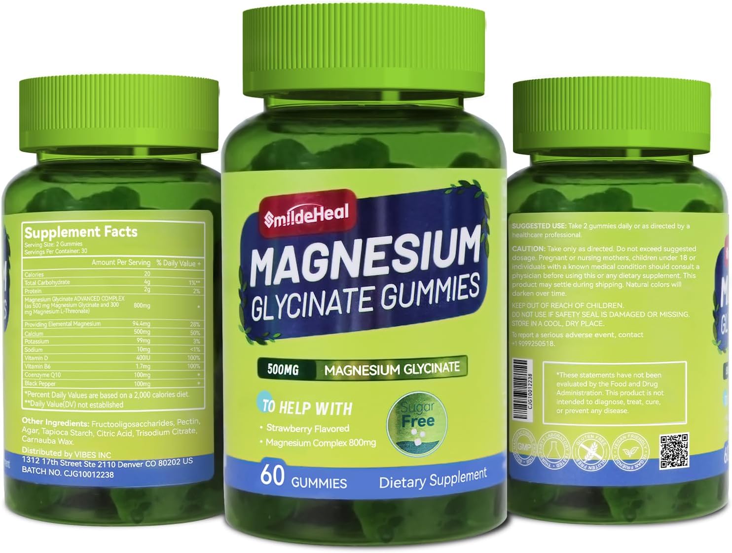 500mg Magnesium Glycinate Gummies with L-Threonate, Vitamin D, B6, CoQ10 - Strawberry Flavored - 60 Gummies - Sugar-Free Magnesium Potassium Supplement