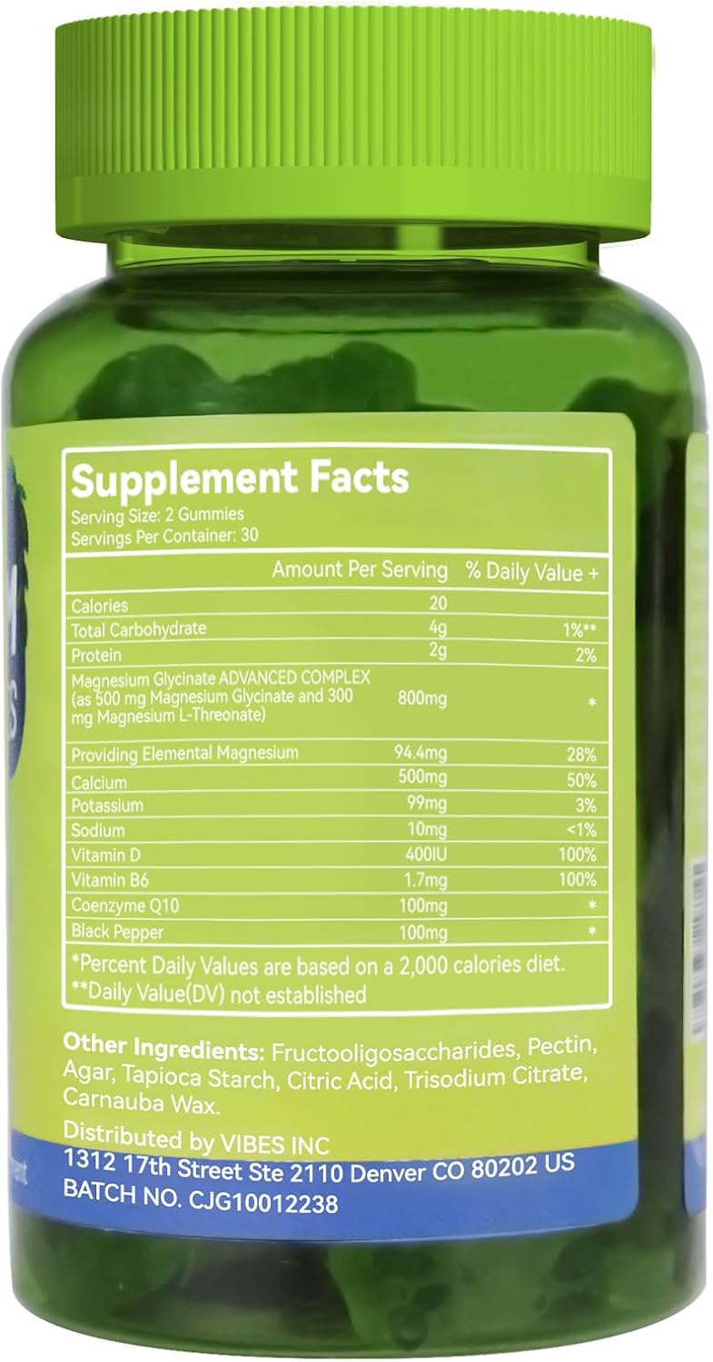 500mg Magnesium Glycinate Gummies with L-Threonate, Vitamin D, B6, CoQ10 - Strawberry Flavored - 60 Gummies - Sugar-Free Magnesium Potassium Supplement