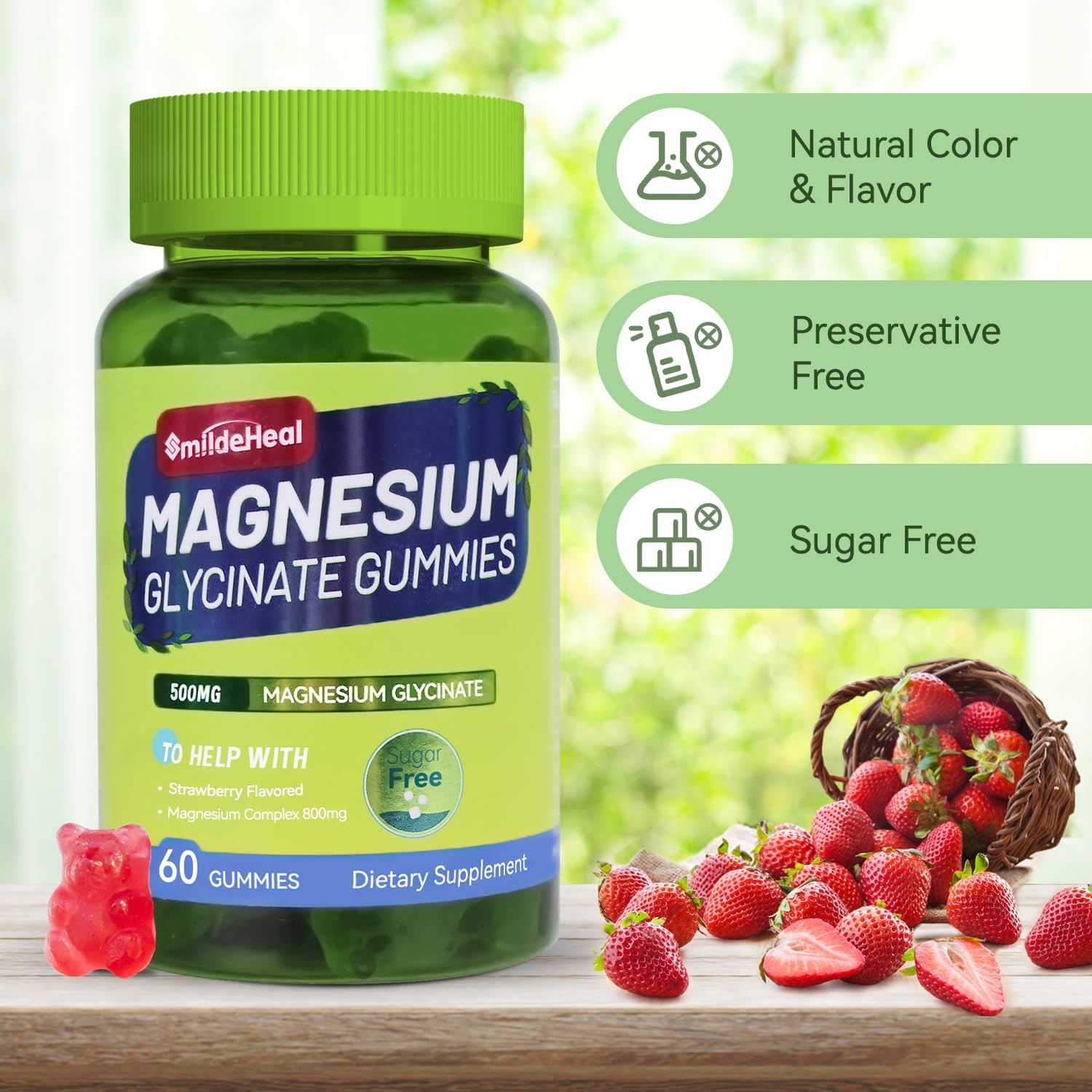 500mg Magnesium Glycinate Gummies with L-Threonate, Vitamin D, B6, CoQ10 - Strawberry Flavored - 60 Gummies - Sugar-Free Magnesium Potassium Supplement
