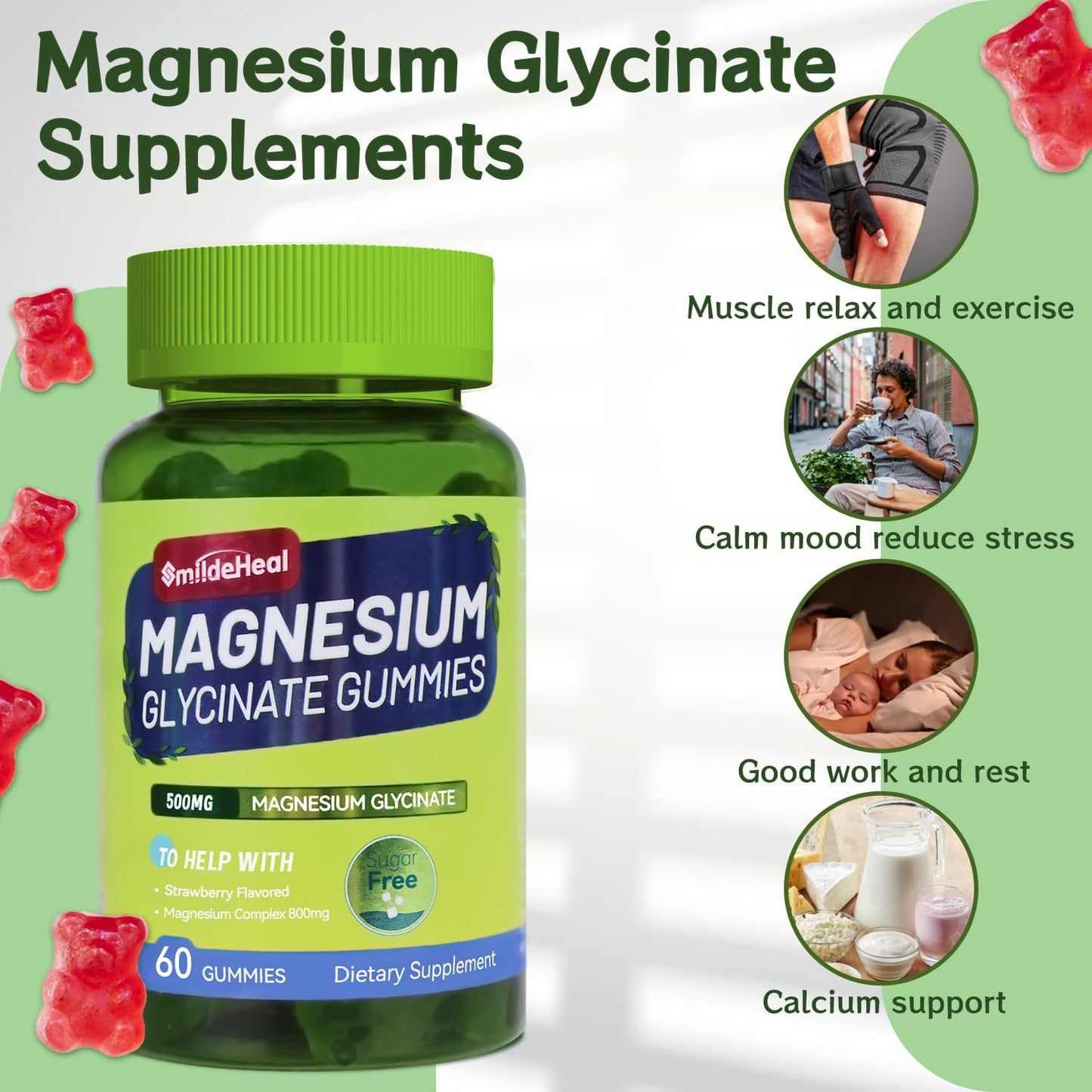 500mg Magnesium Glycinate Gummies with L-Threonate, Vitamin D, B6, CoQ10 - Strawberry Flavored - 60 Gummies - Sugar-Free Magnesium Potassium Supplement