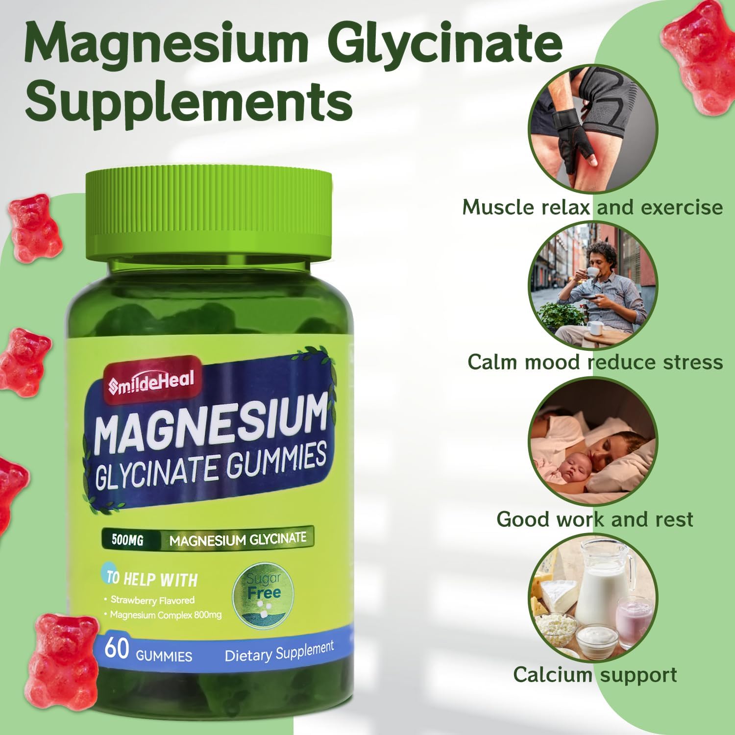 500mg Magnesium Glycinate Gummies with L-Threonate, Vitamin D, B6, CoQ10 - Strawberry Flavored - 60 Gummies - Sugar-Free Magnesium Potassium Supplement