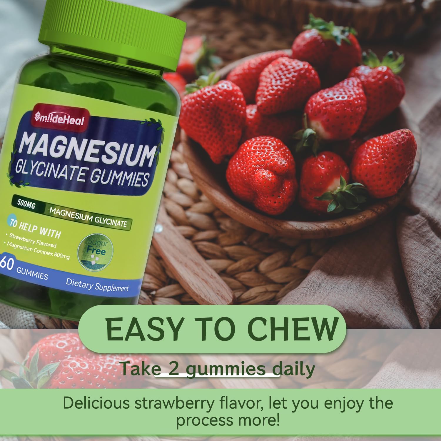 500mg Magnesium Glycinate Gummies with L-Threonate, Vitamin D, B6, CoQ10 - Strawberry Flavored - 60 Gummies - Sugar-Free Magnesium Potassium Supplement