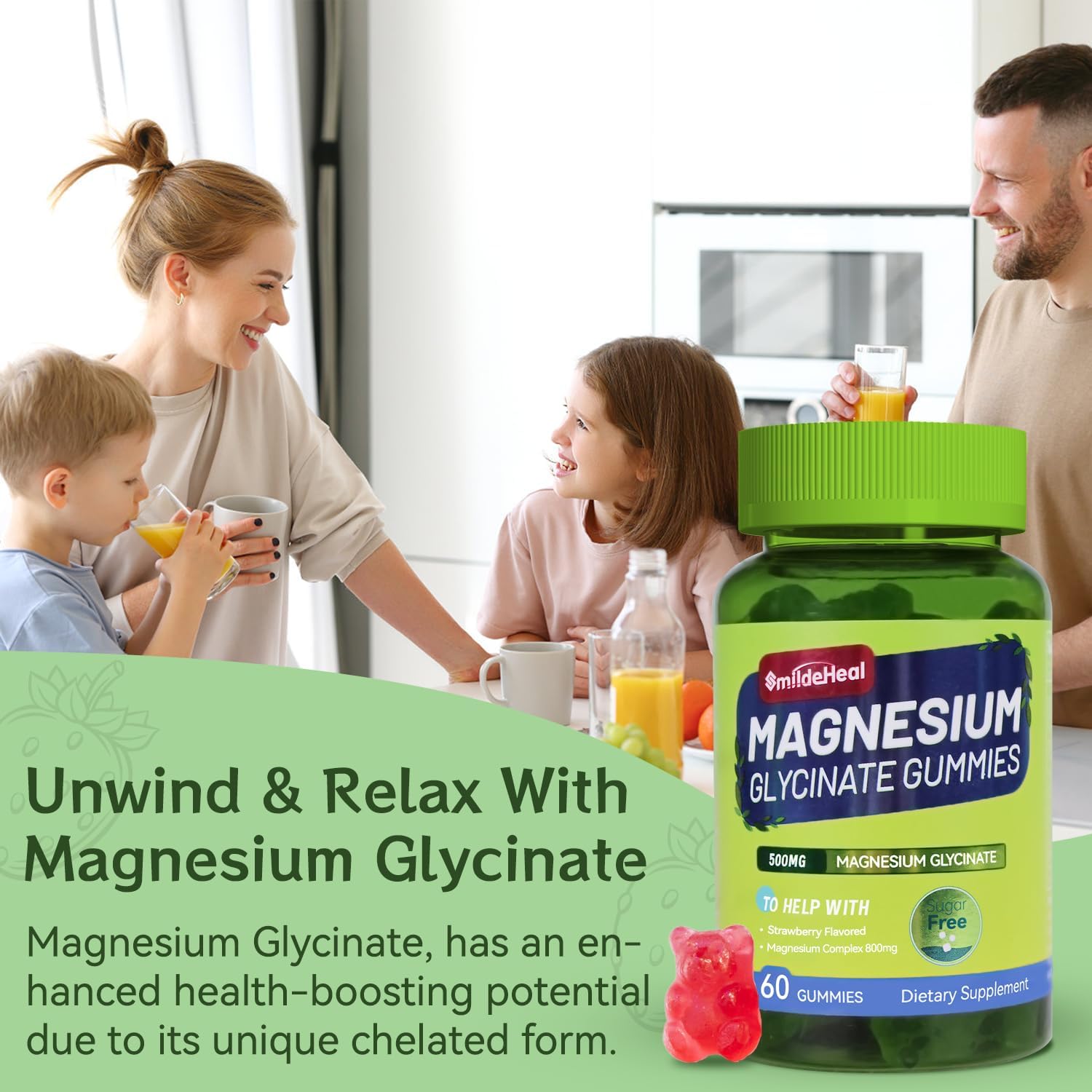 500mg Magnesium Glycinate Gummies with L-Threonate, Vitamin D, B6, CoQ10 - Strawberry Flavored - 60 Gummies - Sugar-Free Magnesium Potassium Supplement