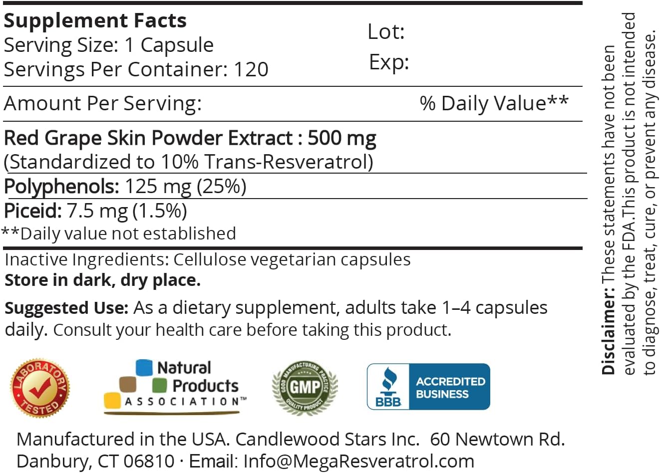 500mg Mega Resveratrol Red Grape Skin Capsules - High Absorption, Boosts Nitric Oxide, Water-Soluble - Keto, Vegan, Non-GMO - Purity Certified, No Toxic Ingredients