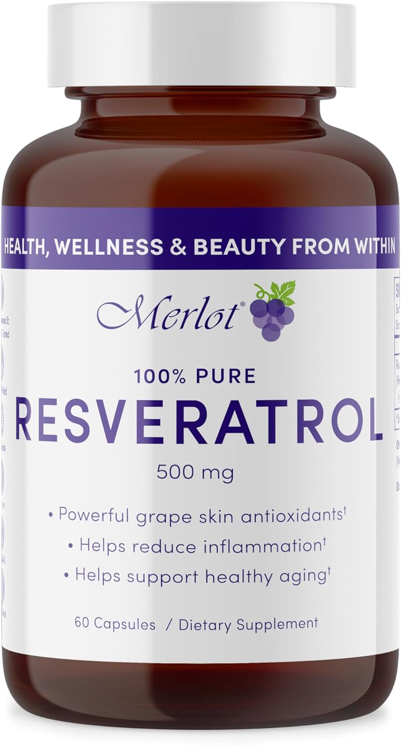 500mg Merlot Resveratrol Capsules - 60 Count - Anti-Aging Beauty Supplement - Non GMO, Gluten Free, Made in USA