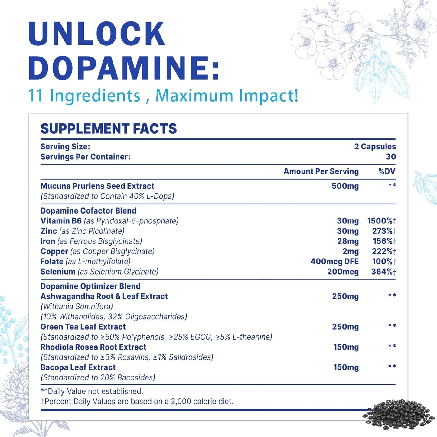 500mg Mucuna Pruriens Extract Supplements for Men and Women - Boost Dopamine Levels - 60 Capsules