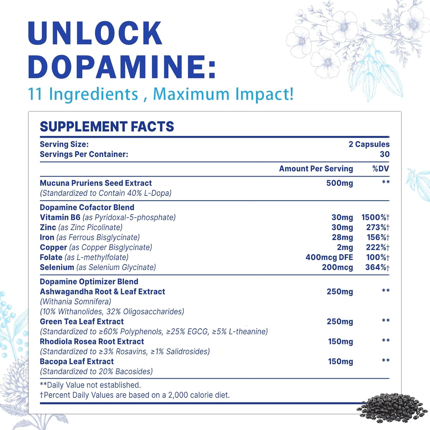 500mg Mucuna Pruriens Extract Supplements for Men and Women - Boost Dopamine Levels - 60 Capsules