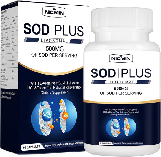 500mg NICMIN SOD Plus Supplement with Liposomal Glutathione & Antioxidants for Immune Support - 60 Capsules
