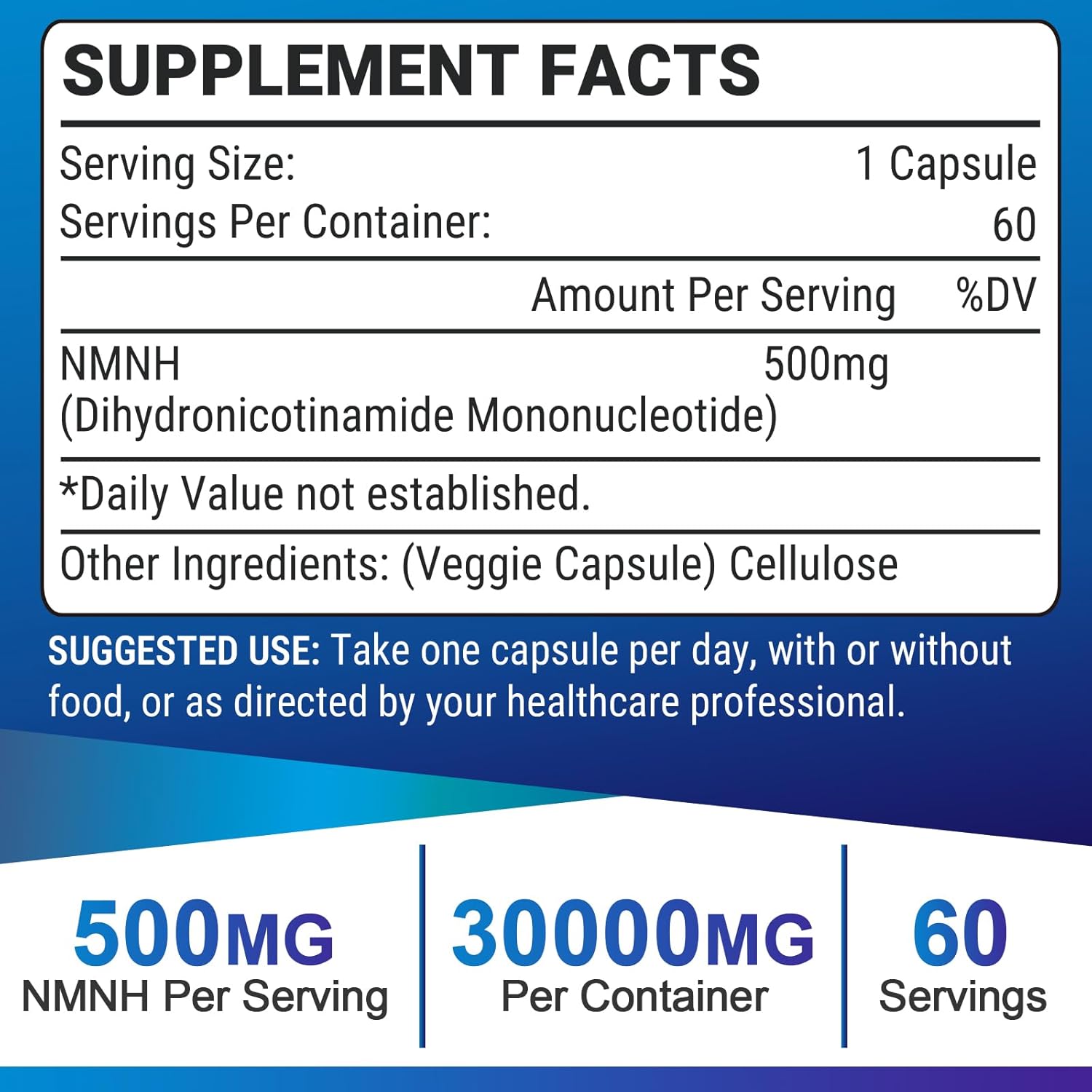 500mg NMNH NAD Supplement for Anti Aging & Energy - 60 Capsules - Boost NAD+ Levels - More Effective Than Nicotinamide Riboside - Dihydronicotinamide Mononucleotide