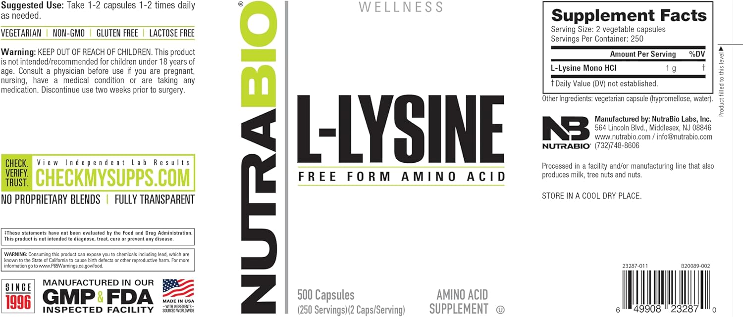 500mg NutraBio L-Lysine Amino Acid Capsules - 500 Count - Non-GMO, Gluten Free, Vegan - Pure Grade Essential Amino Acid Supplement