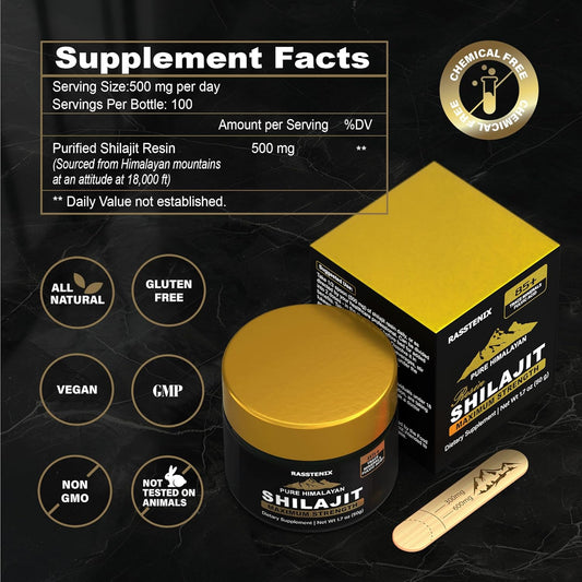 500mg Rasstenix Pure Himalayan Shilajit Resin - Potent Formula with 85+ Trace Minerals & Fulvic Acid - Energy & Immune Support - 50g