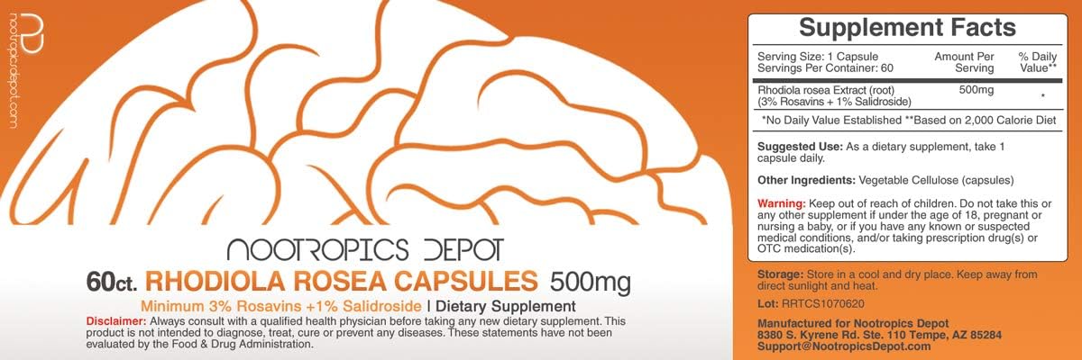 500mg Rhodiola Rosea Capsules with 3% Rosavins - 60 Count | Adaptogen Herb for Stress Support & Brain Health