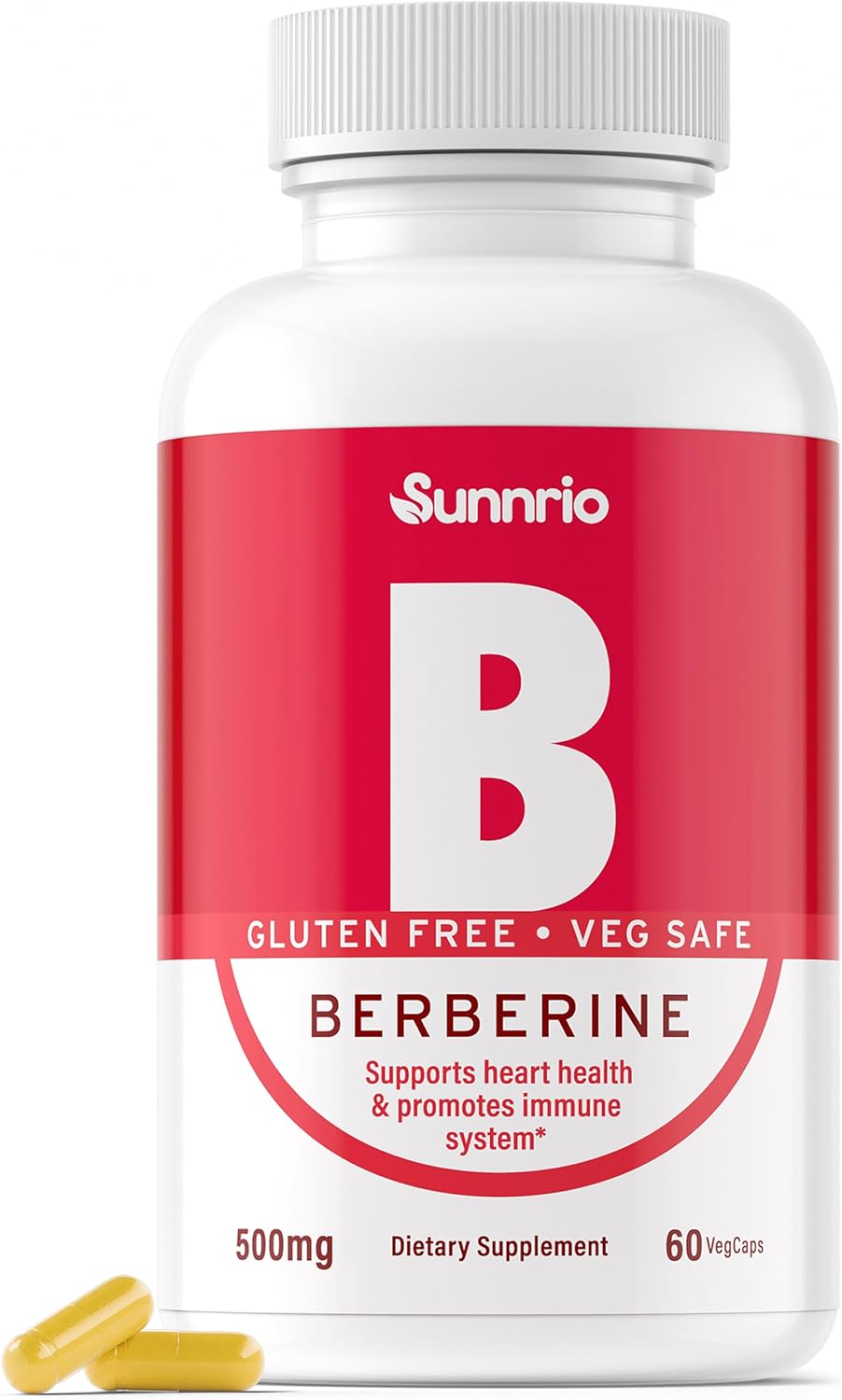 500mg Sunnrio Berberine HCL Capsules - Promotes Heart Health, Metabolism, and Immune Support - Non-GMO, Gluten-Free, Vegetarian - 60 Count