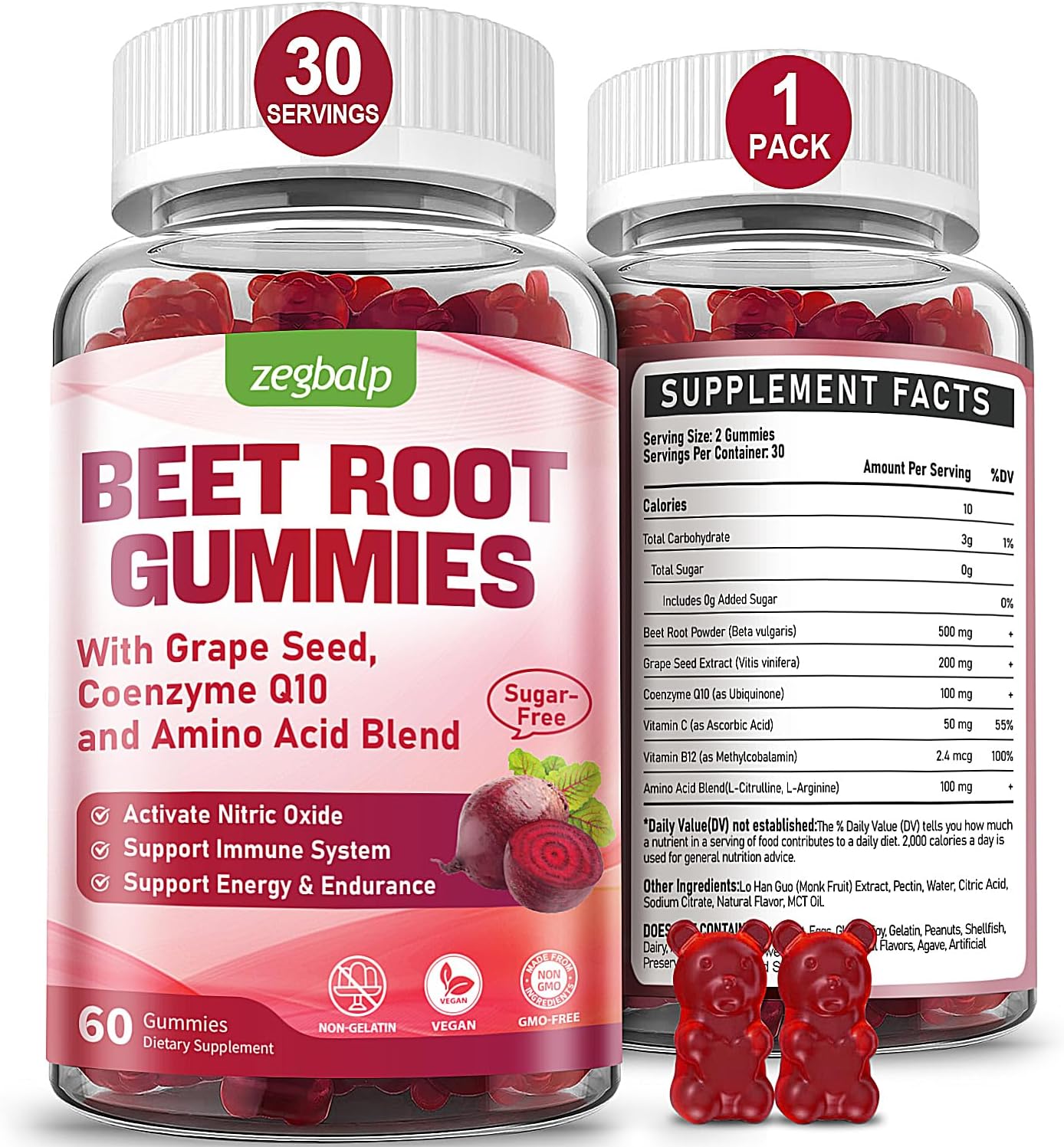 500mg Superbeet Beet Root Gummies with CoQ10, Grape Seed, Vitamin C - Antioxidant & Energy Support for Men & Women - Sugar Free Supplement