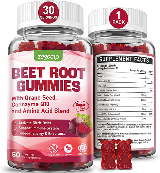 500mg Superbeet Beet Root Gummies with CoQ10, Grape Seed, Vitamin C - Antioxidant & Energy Support for Men & Women - Sugar Free Supplement