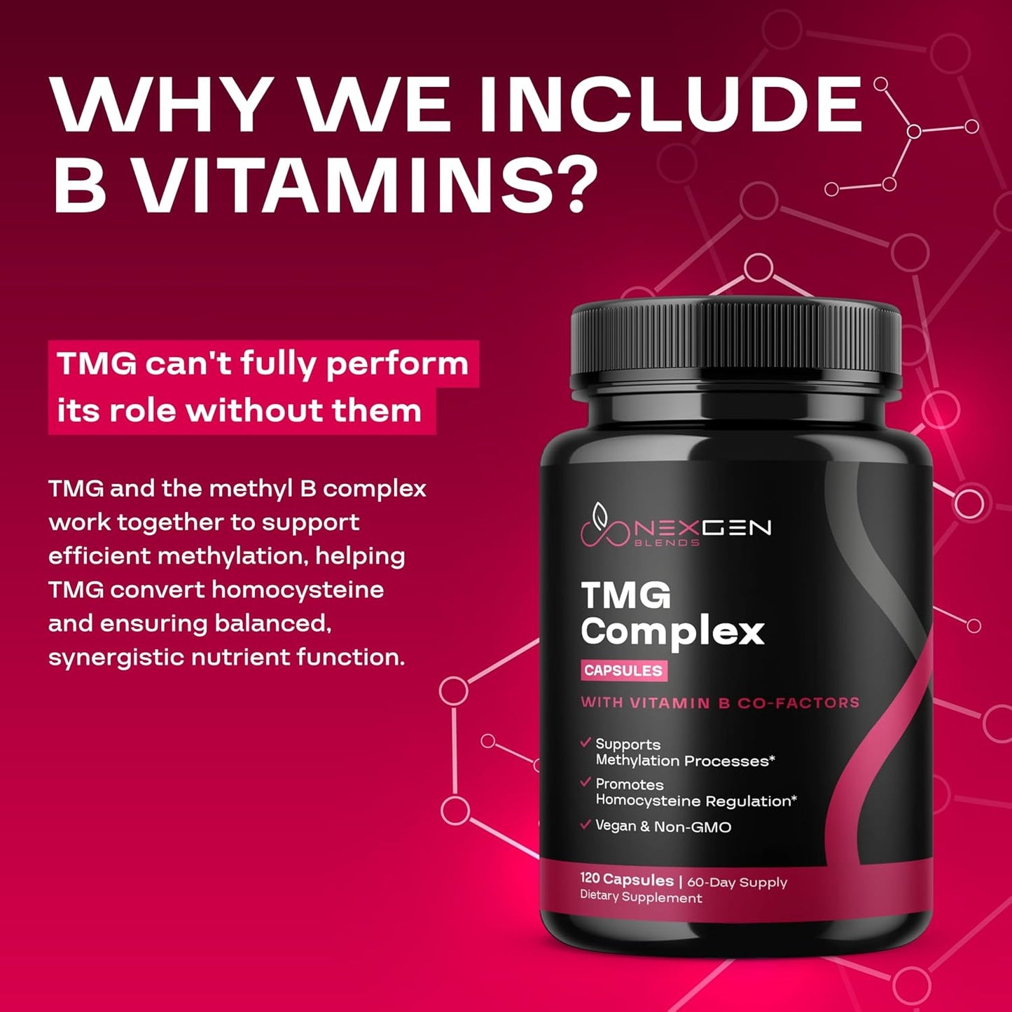 500mg TMG Trimethylglycine Supplement with Methyl B Complex - Heart & Liver Support - Vegan & Non-GMO - 2 Month Supply