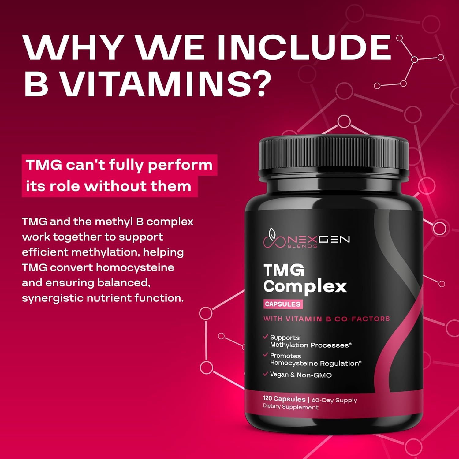 500mg TMG Trimethylglycine Supplement with Methyl B Complex - Heart & Liver Support - Vegan & Non-GMO - 2 Month Supply