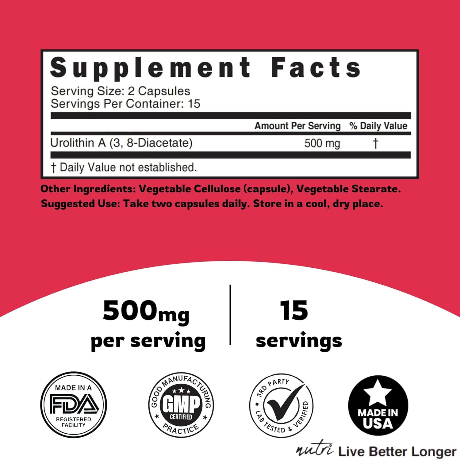 500mg Urolithin A Diacetate & 600mg R Alpha Lipoic Acid Capsules - Antioxidant/Energy Combo