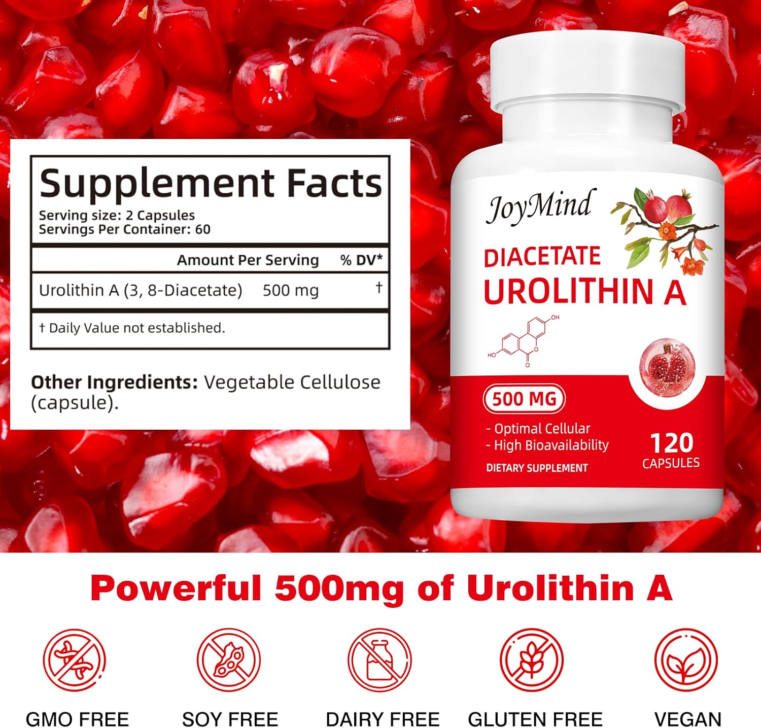 500mg Urolithin A Supplement with Pomegranate Extract - 120 Vegan Capsules for 2 Months