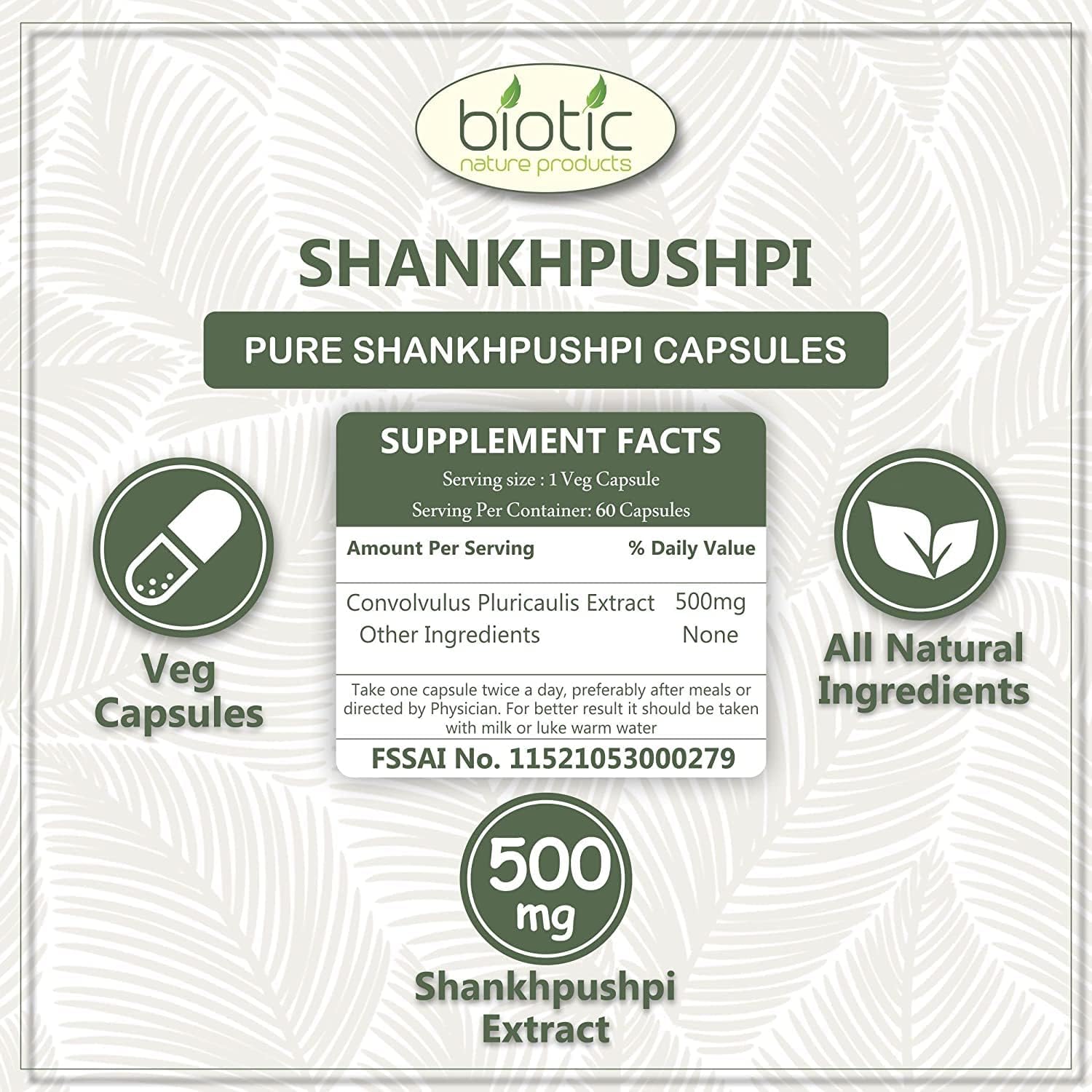 500mg Veena Biotic Shankhpushpi Extract Capsules - 60 Vegetarian Capsules for Enhanced Wellness