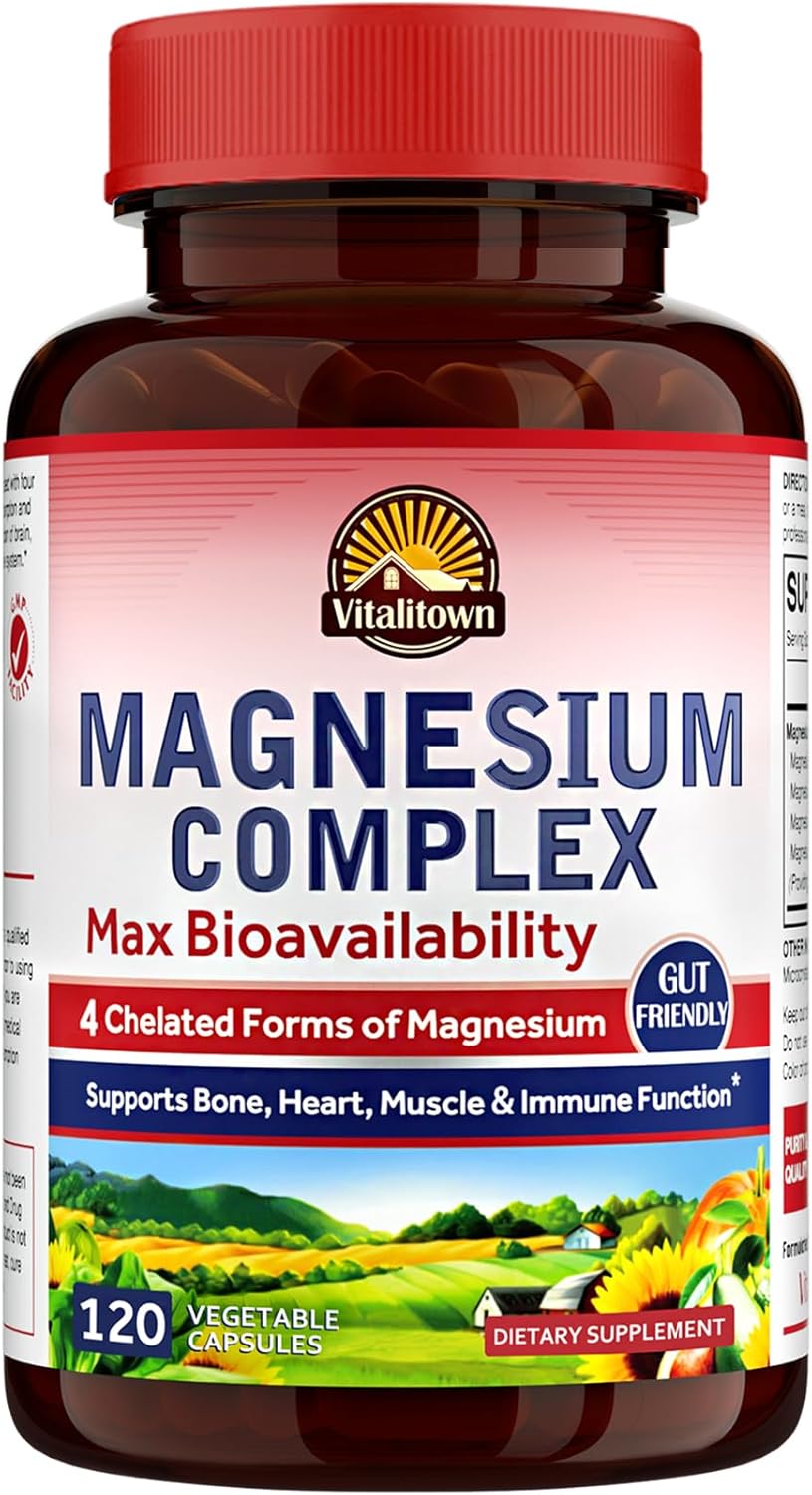 500mg Vitalitown Magnesium Complex Supplement with Chelated Glycinate, Malate, Taurate & Citrate - Vegan Non-GMO Capsules for Sleep, Muscle, Energy & Heart - 120 Count