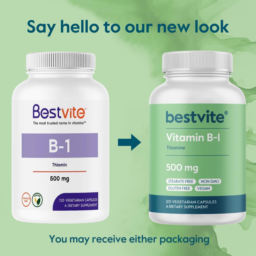 500mg Vitamin B-1 (Thiamin) Vegetarian Capsules - Non-GMO & Gluten-Free Vegan Supplement