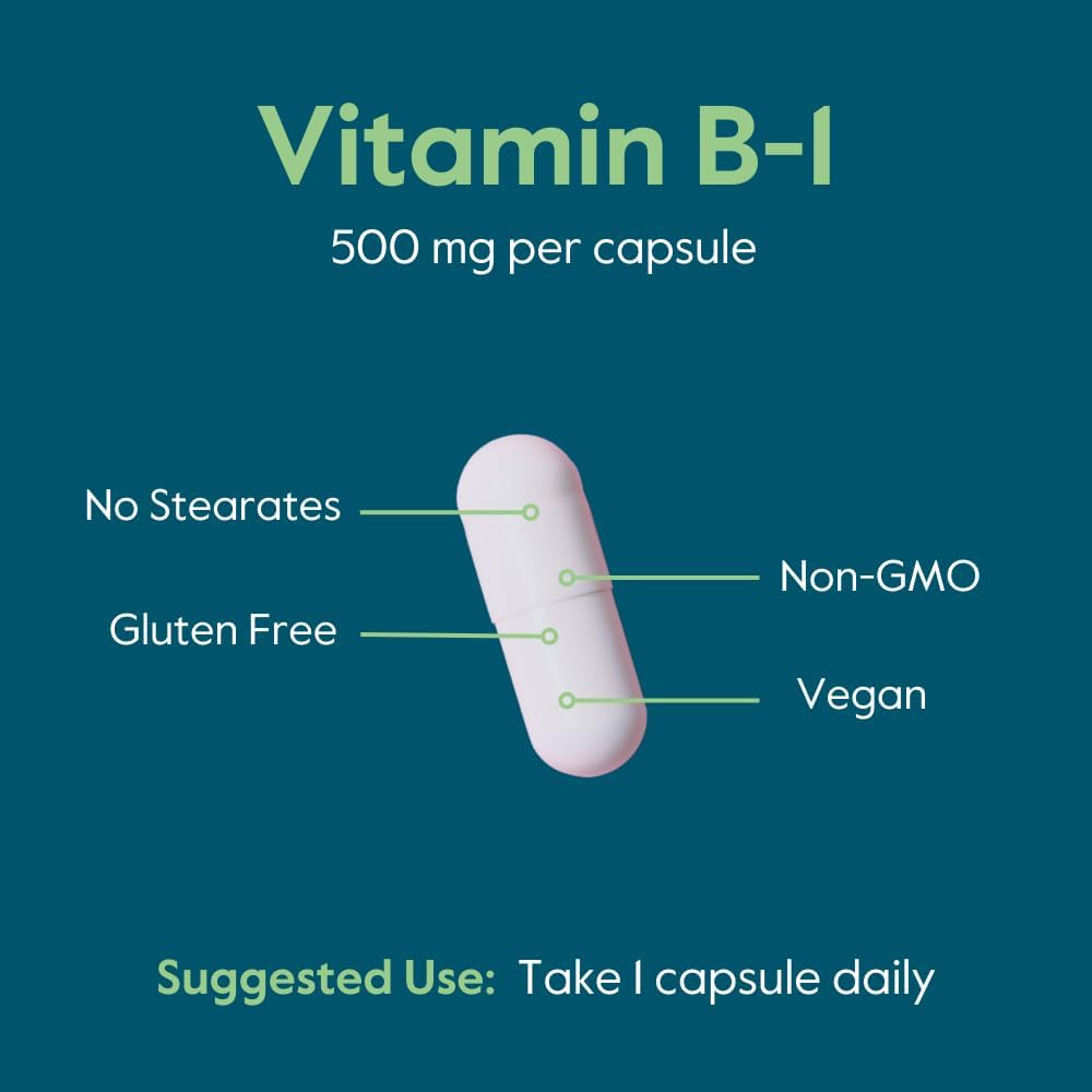 500mg Vitamin B-1 (Thiamin) Vegetarian Capsules - Non-GMO & Gluten-Free Vegan Supplement