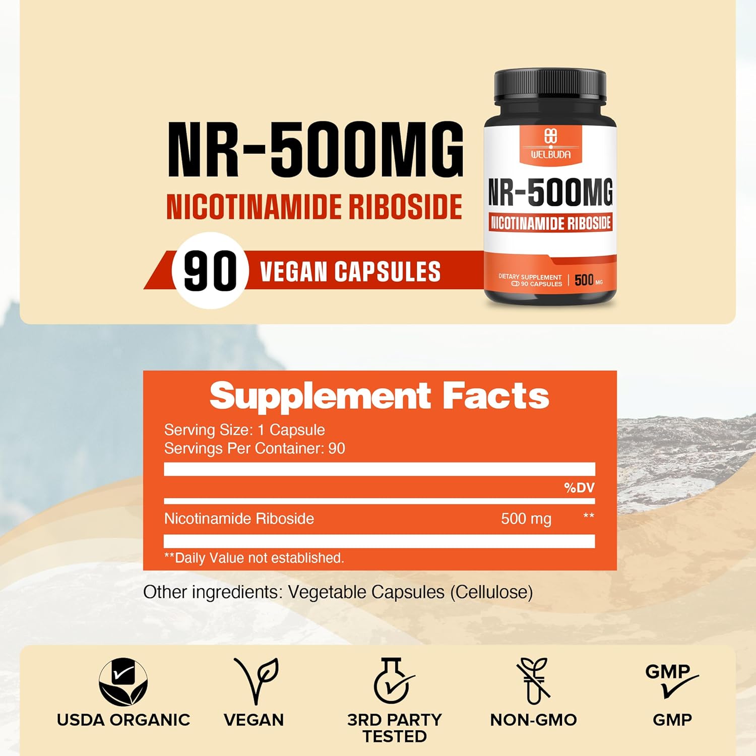 500mg Welbuda NAD+ Supplement - Cellular Energy & Repair, Healthy Aging - 90 Capsules