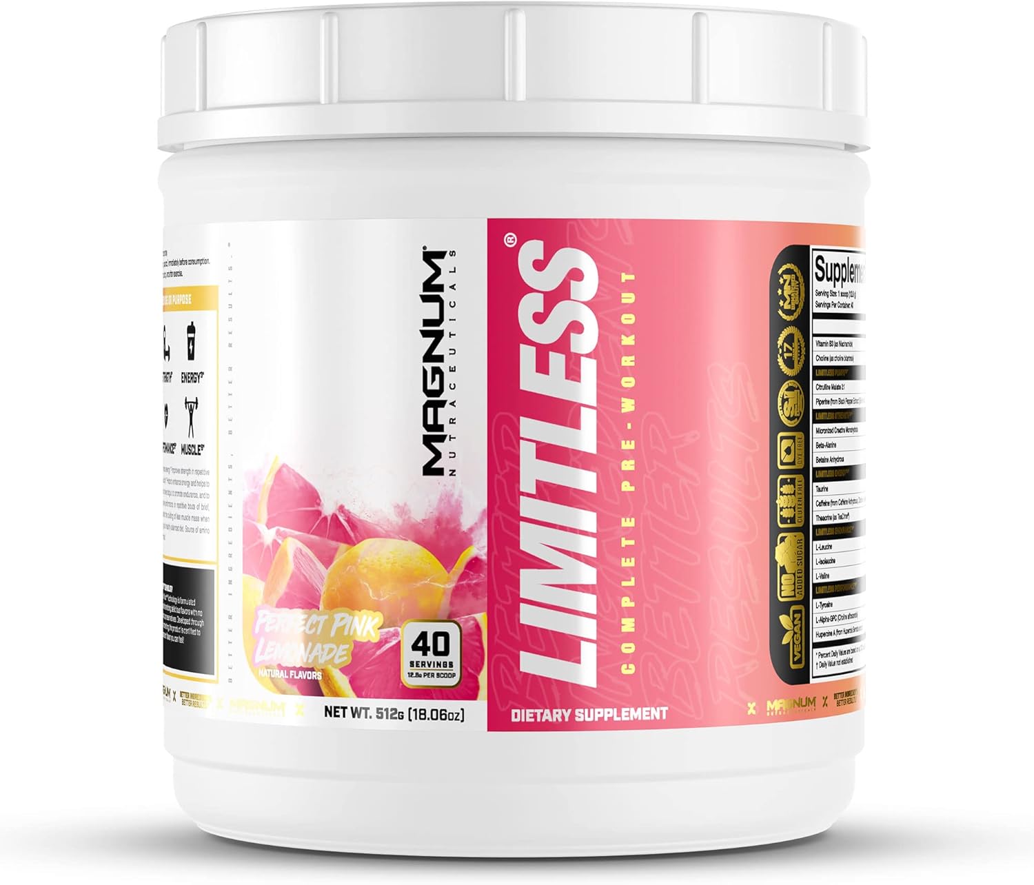 504g LIMITLESS Magnum Pink Lemonade Muscle Workout Powder for Men and Women - Supports Increased Energy, Focus, & Endurance