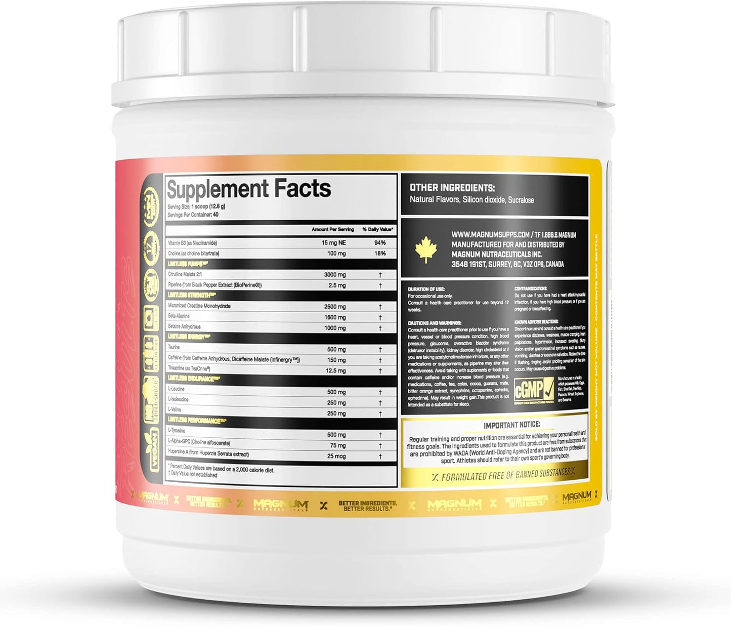 504g LIMITLESS Magnum Pink Lemonade Muscle Workout Powder for Men and Women - Supports Increased Energy, Focus, & Endurance