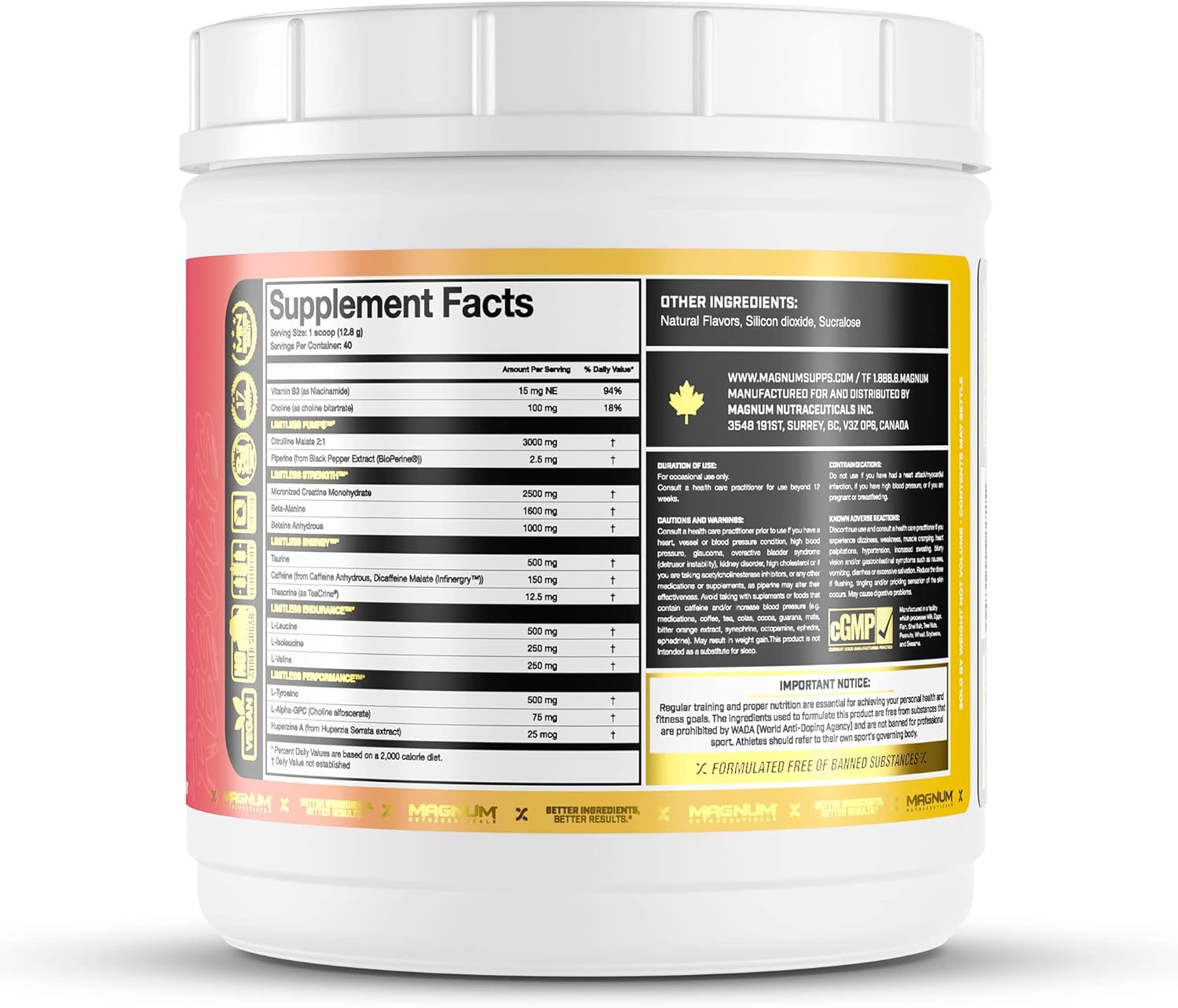 504g LIMITLESS Magnum Pink Lemonade Muscle Workout Powder for Men and Women - Supports Increased Energy, Focus, & Endurance