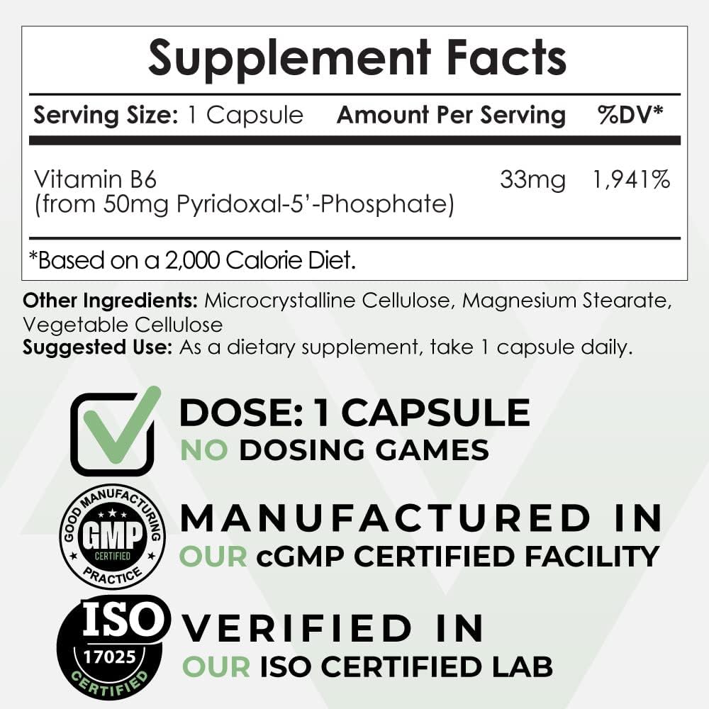 50mg Pyridoxal-5'-Phosphate Capsules - Active Vitamin B6 Form - 365 Count