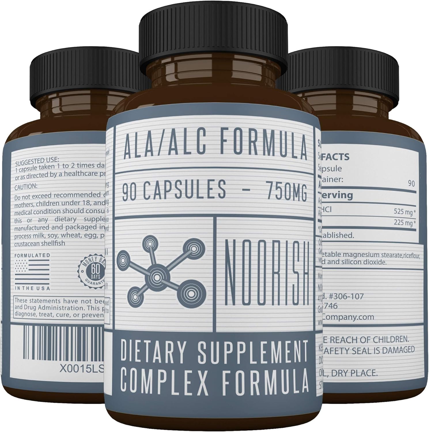 525mg Acetyl L-Carnitine & 225mg Alpha Lipoic Acid Capsules - NOORISH ALA ALC ALCAR - 90 Capsules