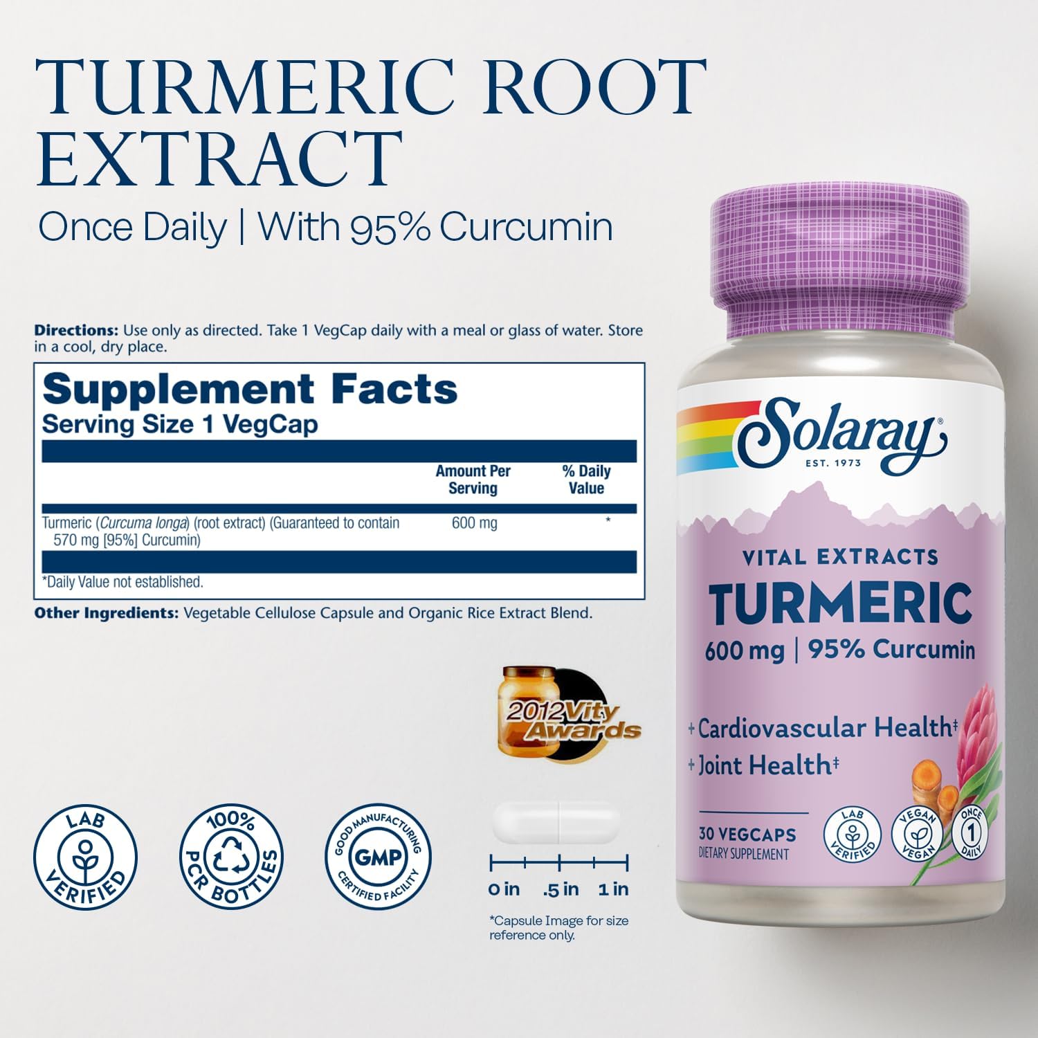 570 mg Turmeric Root Extract Capsules with 95% Curcumin for Heart and Joint Health - Lab Verified - 60 VegCaps (30-Day Supply)