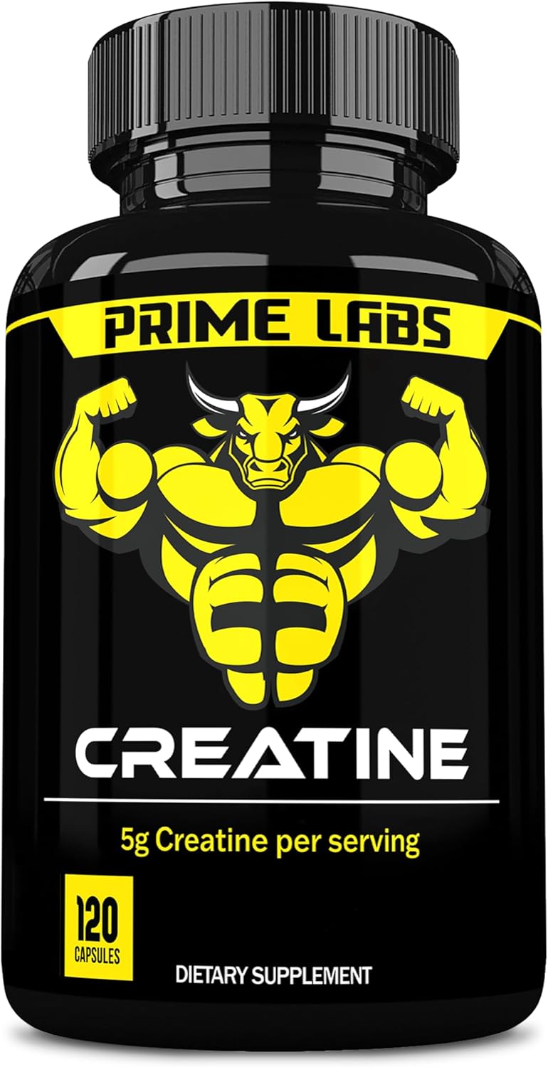 5g Creatine Monohydrate Capsules for Muscle Growth & Recovery - Prime Labs - 120 Count - Men & Women - Brain Function Support