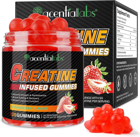 5g Creatine Monohydrate Gummies for Muscle Support and Energy Boost - Gluten-Free Strawberry Flavor - GMP Certified for Men and Women