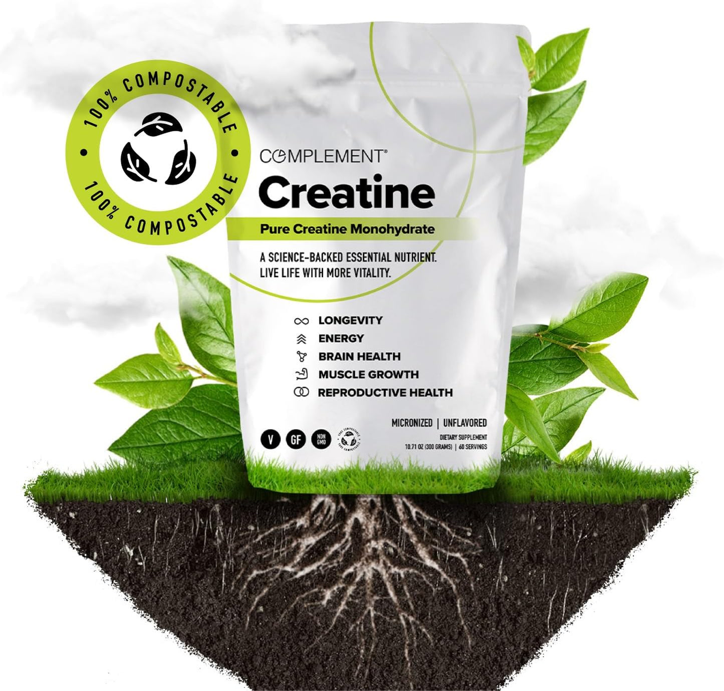 5g Creatine Monohydrate Powder for Pre & Post Workout - Muscle Recovery & Brain Health - 60 Servings - Vegan & Unflavored