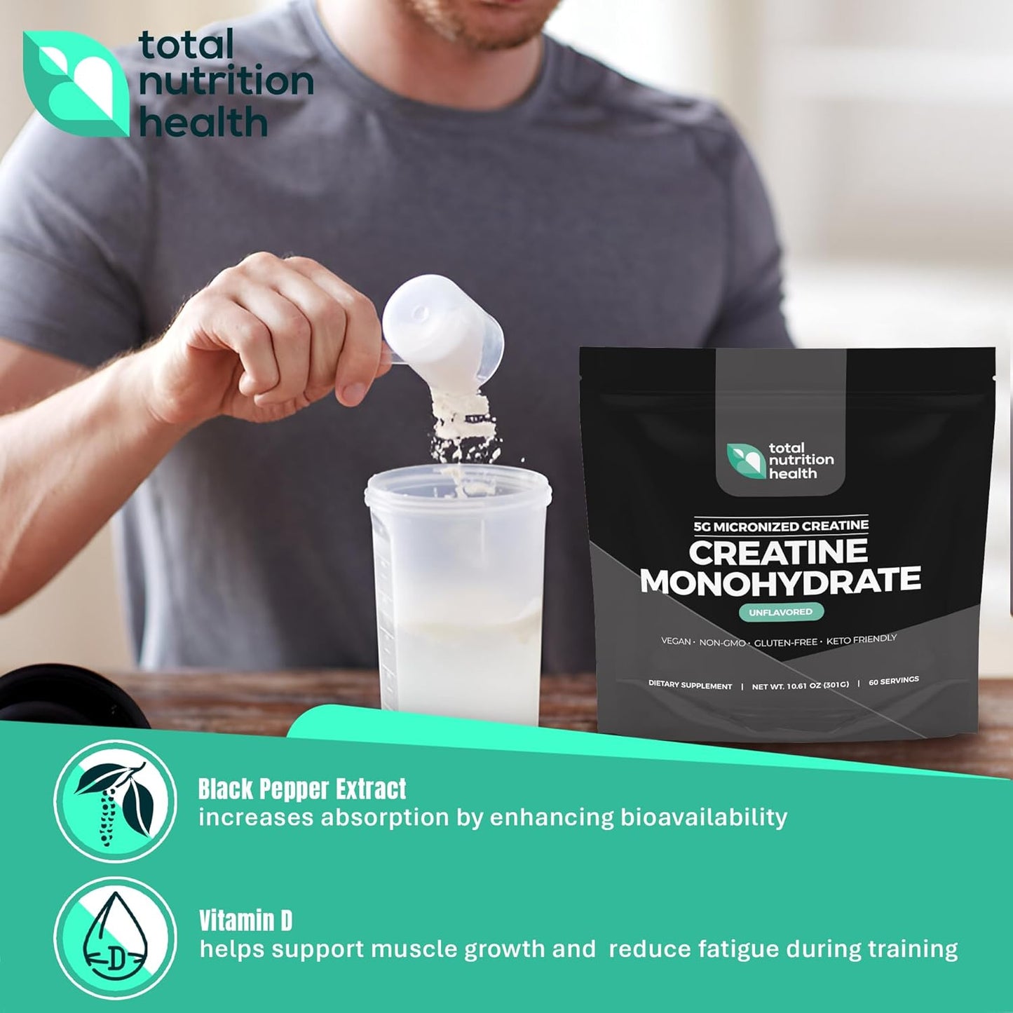 5g Micronized Creatine Monohydrate Powder with Vitamin D and Black Pepper Extract for Enhanced Muscle Performance and Energy Boost