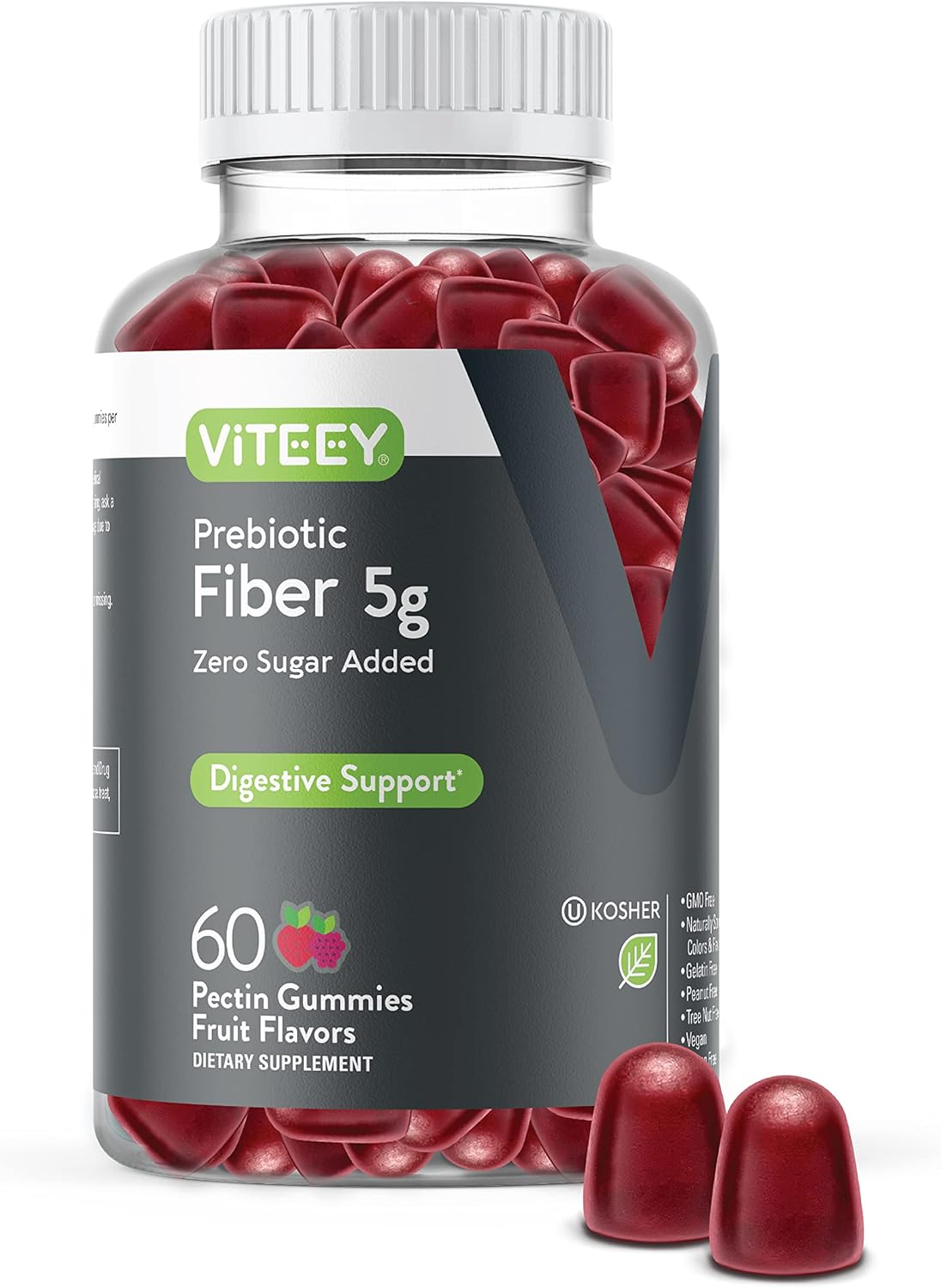 5g Viteey Prebiotic Fiber Gummies for Adults - Vegan & Gelatin Free - Chewable Fruit Flavored Gummy - Supports Digestive Health & Weight Management