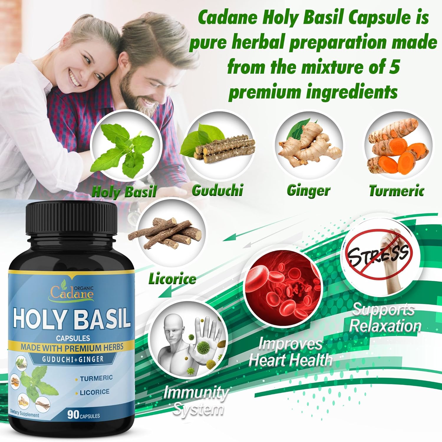 5in1 Organic Cadane Holy Basil Supplements Capsules with Guduchi, Ginger, Turmeric Curcumin, Licorice - 90 Capsules for Immune Support for 3 Months