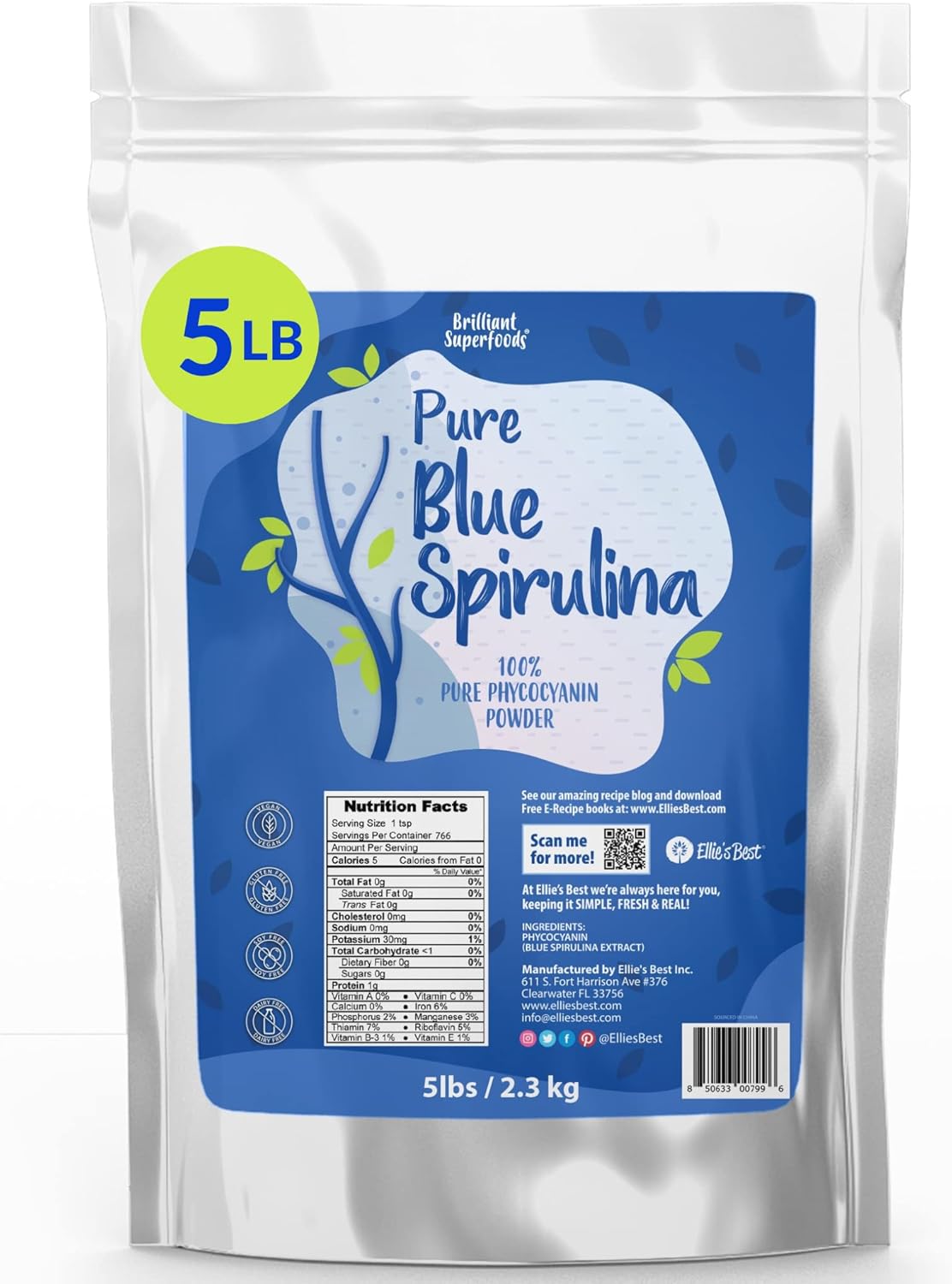 5LB Bulk Organic Blue Spirulina Powder - Vegan Superfood Supplement - Odorless, Non GMO, Gluten-Free, Dairy-Free - Brilliant Blue Food Coloring - Pure Water Extracted by Ellie's Best